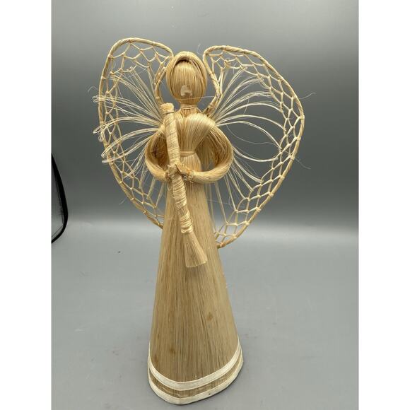 Vintage Straw Raffia Angel Tree Topper 12” Handmade Woven Wings Rustic Nativity - Picture 1 of 7